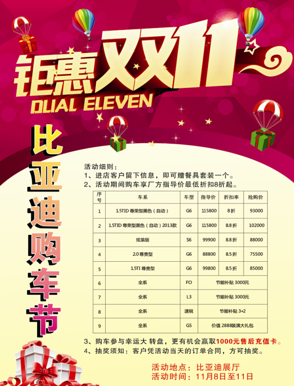 【舜迪比亚迪活动】"双十一"大放价 实惠尽在舜迪比亚迪 11月8-11日图片